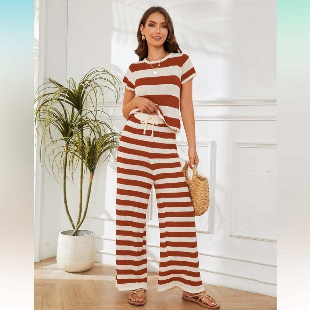 Striped 2 Piece Sweater Outfit Top w/ High Waisted Wide Leg Pants Lounge Set - Picture 4 of 5